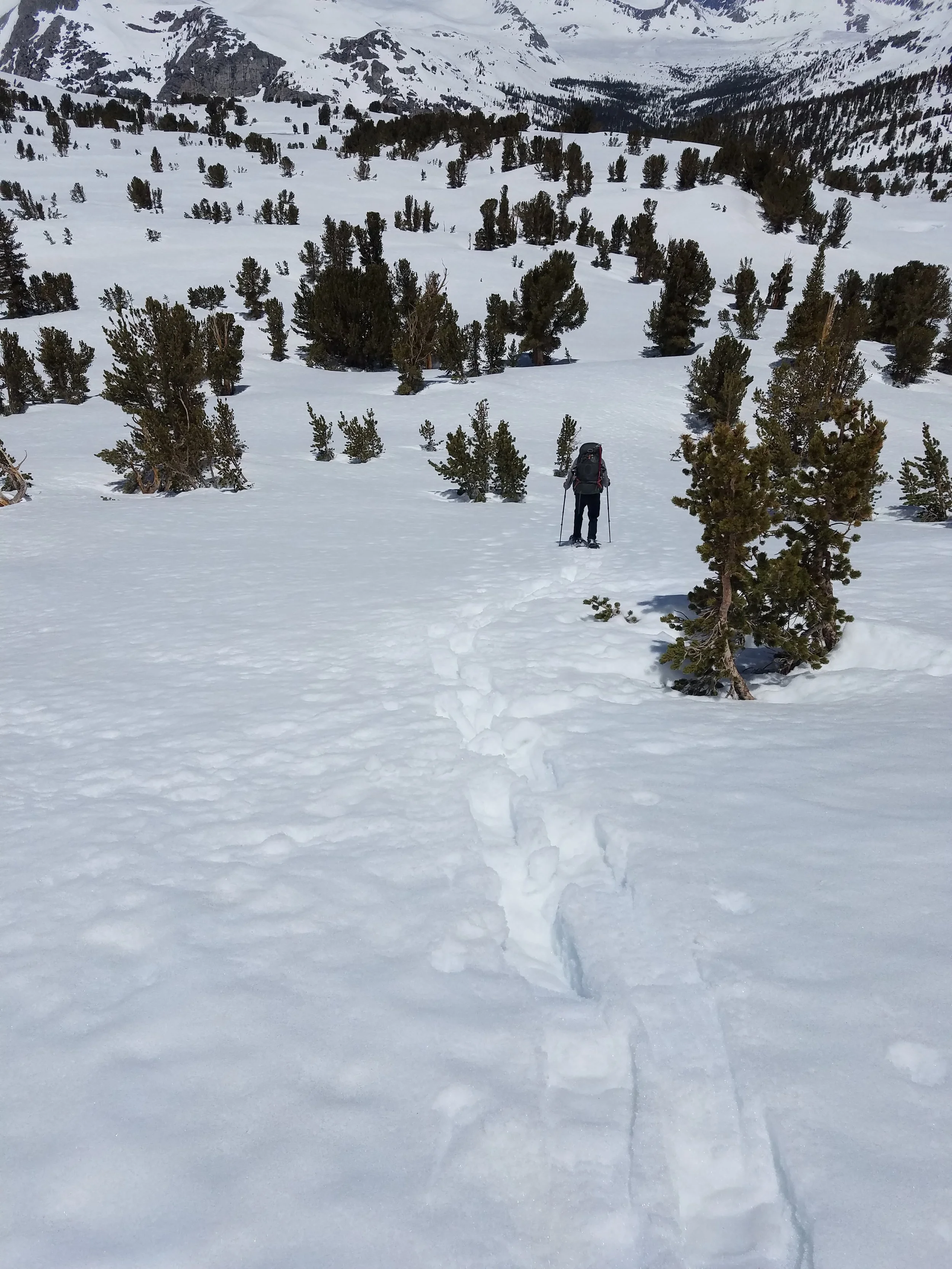 Sinking in deep and unpredictably, even in snowshoes.