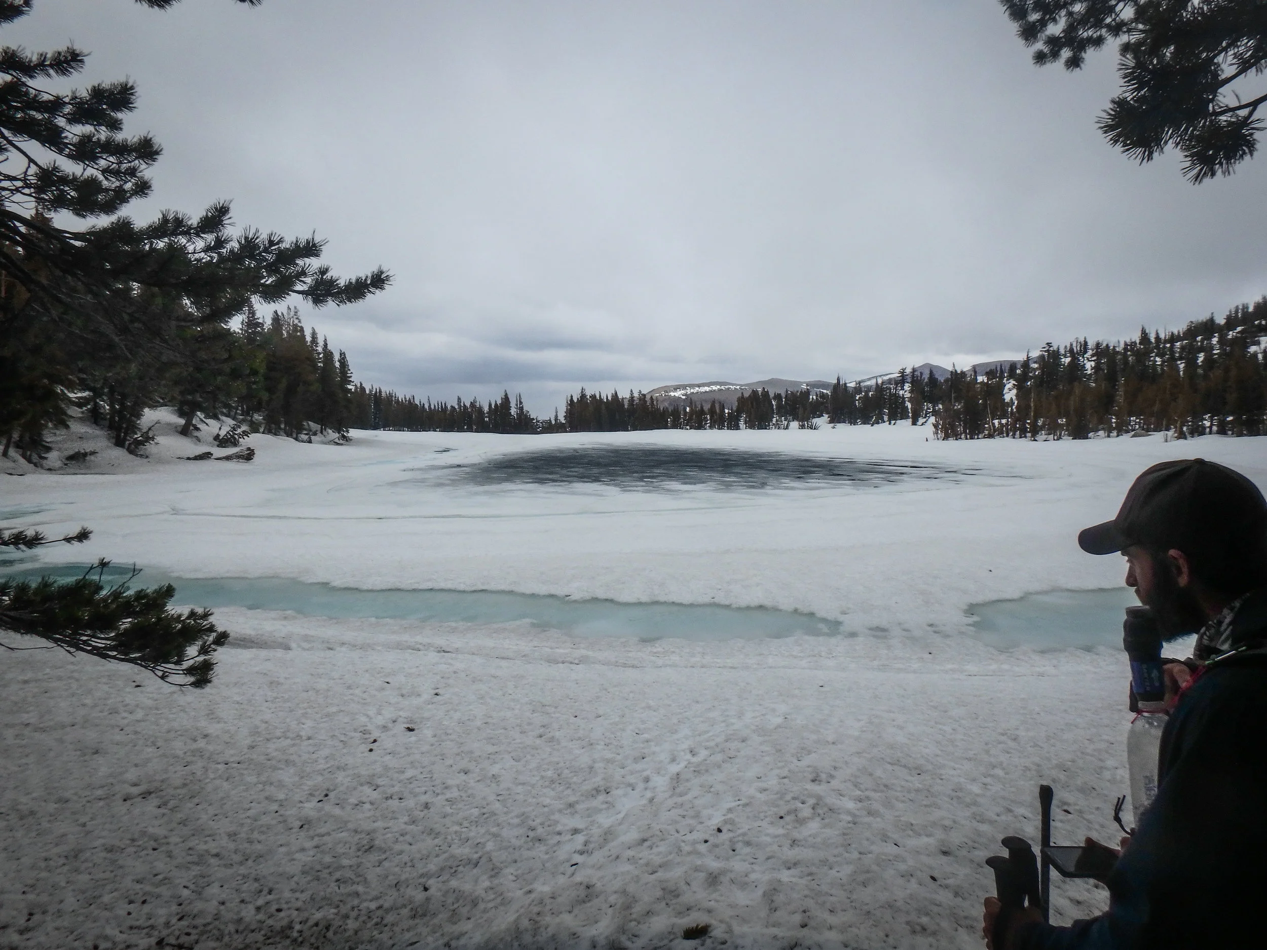 McCloud Lake, one of the least frozen lakes we'd seen so far... All downhill from here!