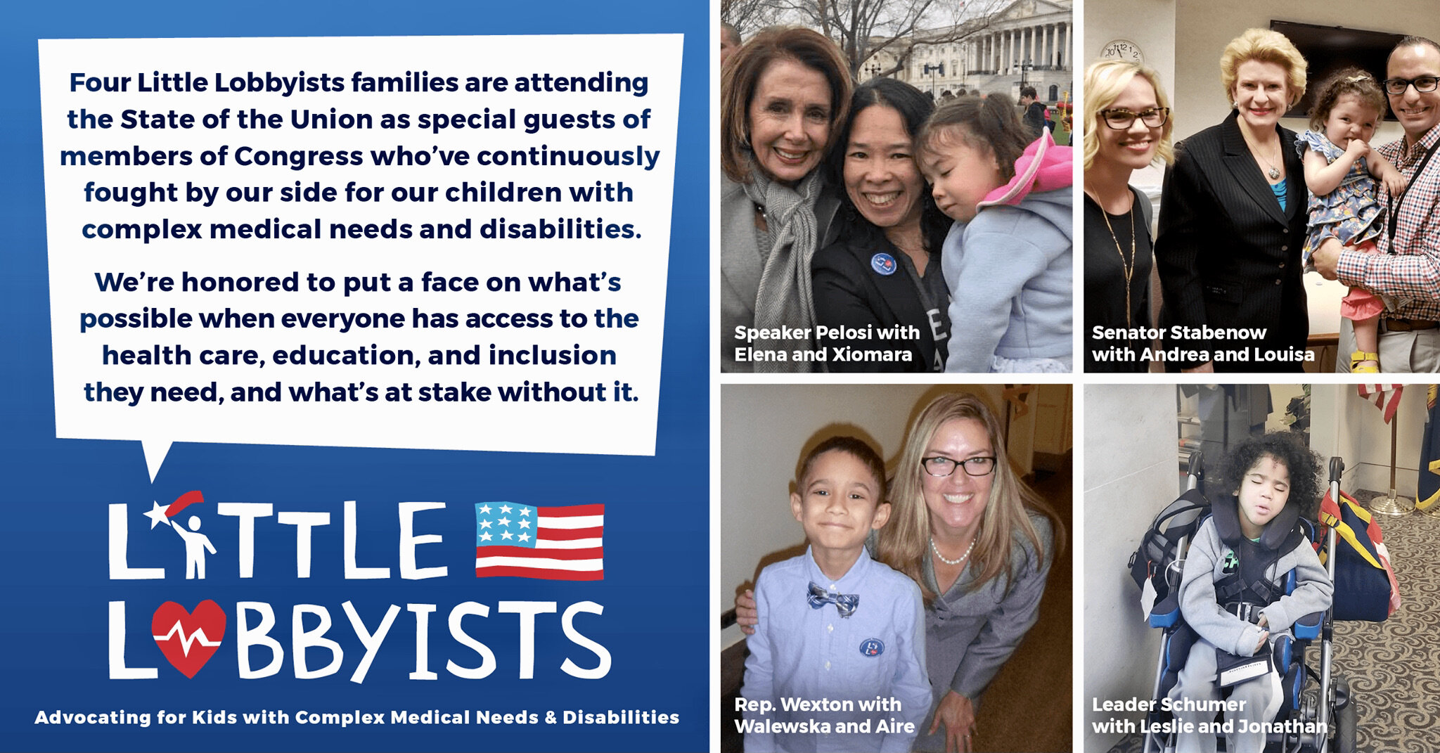  A montage of photos of Little Lobbyists families meeting with U.S. representatives is positioned next to LL graphics about supporting health care. 