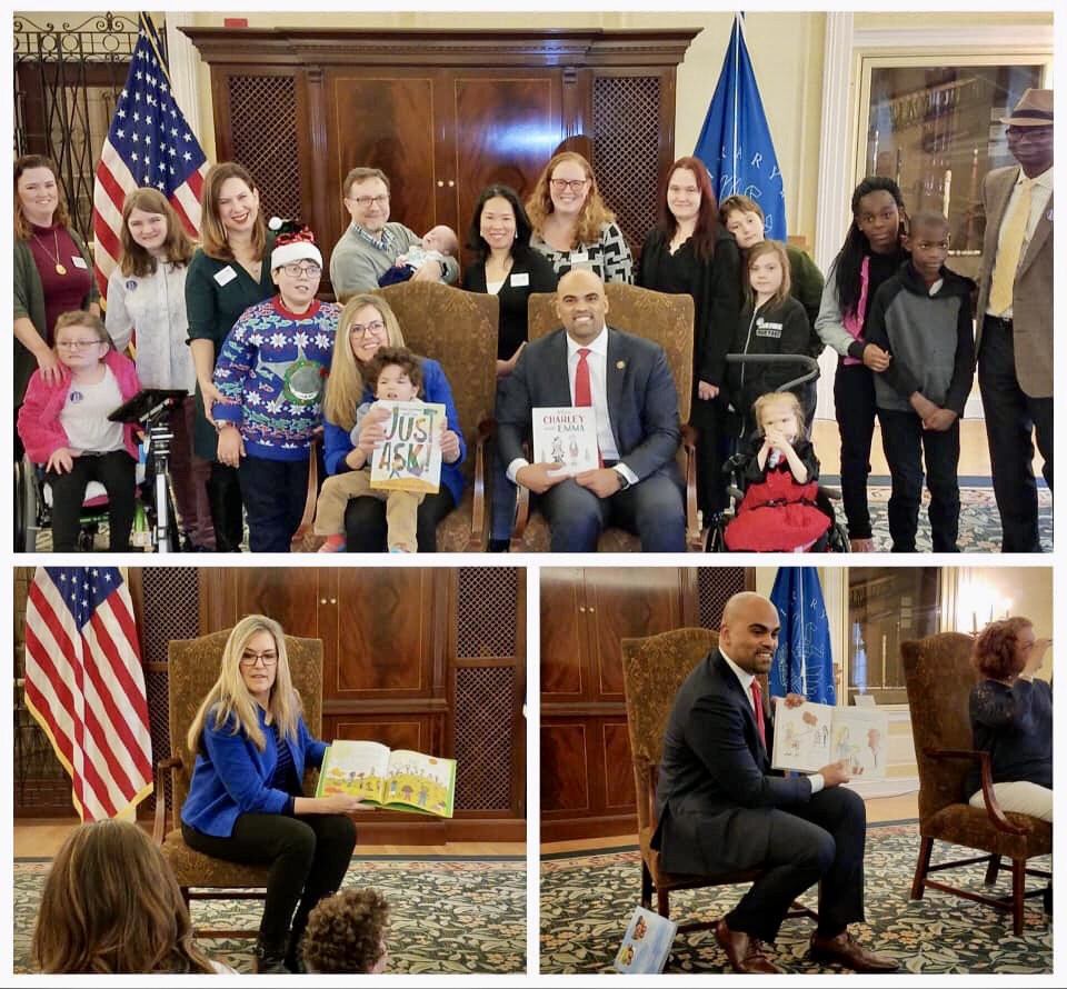  A montage of photos of  members of Congress reading to Little Lobbyists families during a story-time meeting. 