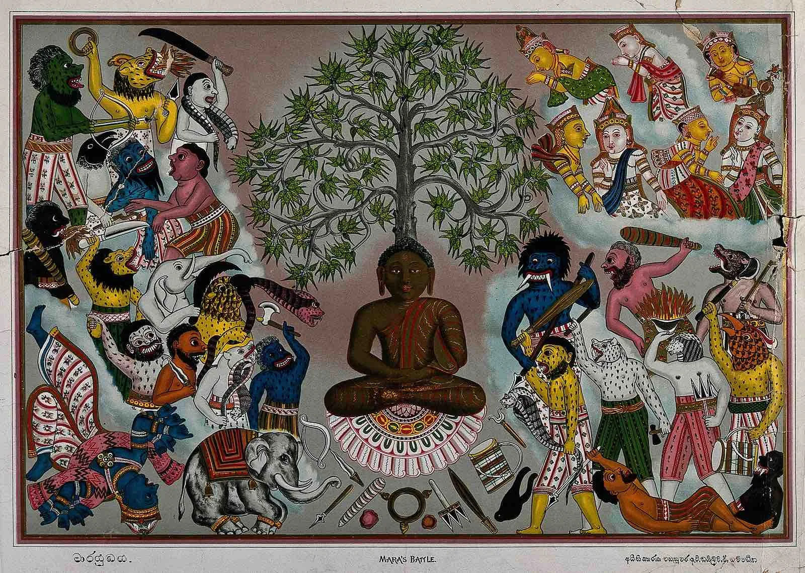 Buddha, resisting the demons of Mara, who are attempting to prevent him from attaining enlightenment, as angels watch from above. Lithograph. (via Wikimedia Commons)