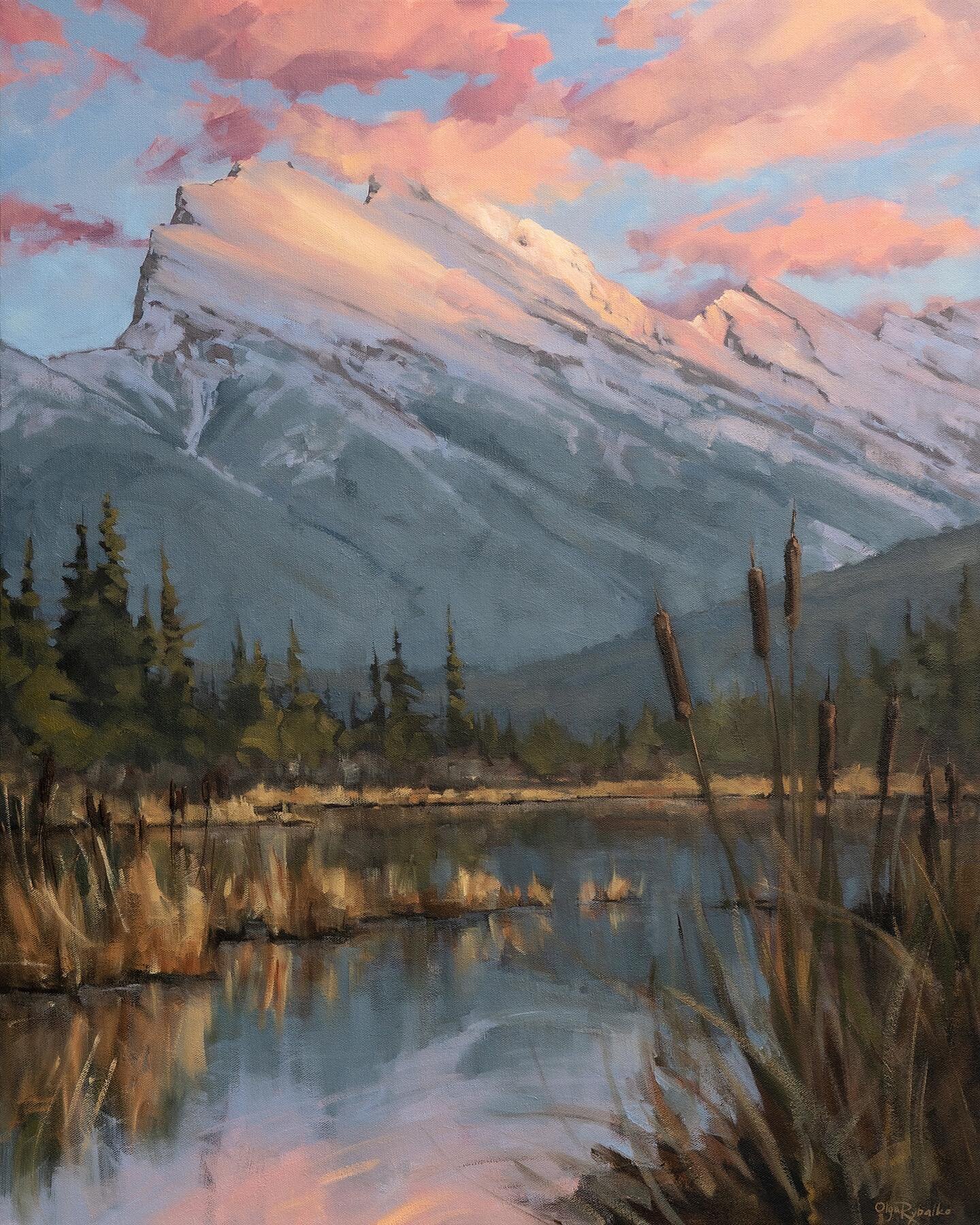 Here&rsquo;s an image of the finished painting from the progress shots in my previous post. 
.
Mount Rundle really is such an iconic Canadian scene! I&rsquo;ll never forget driving down Highway 1 and seeing it from the Vermilion Lakes viewpoint for t