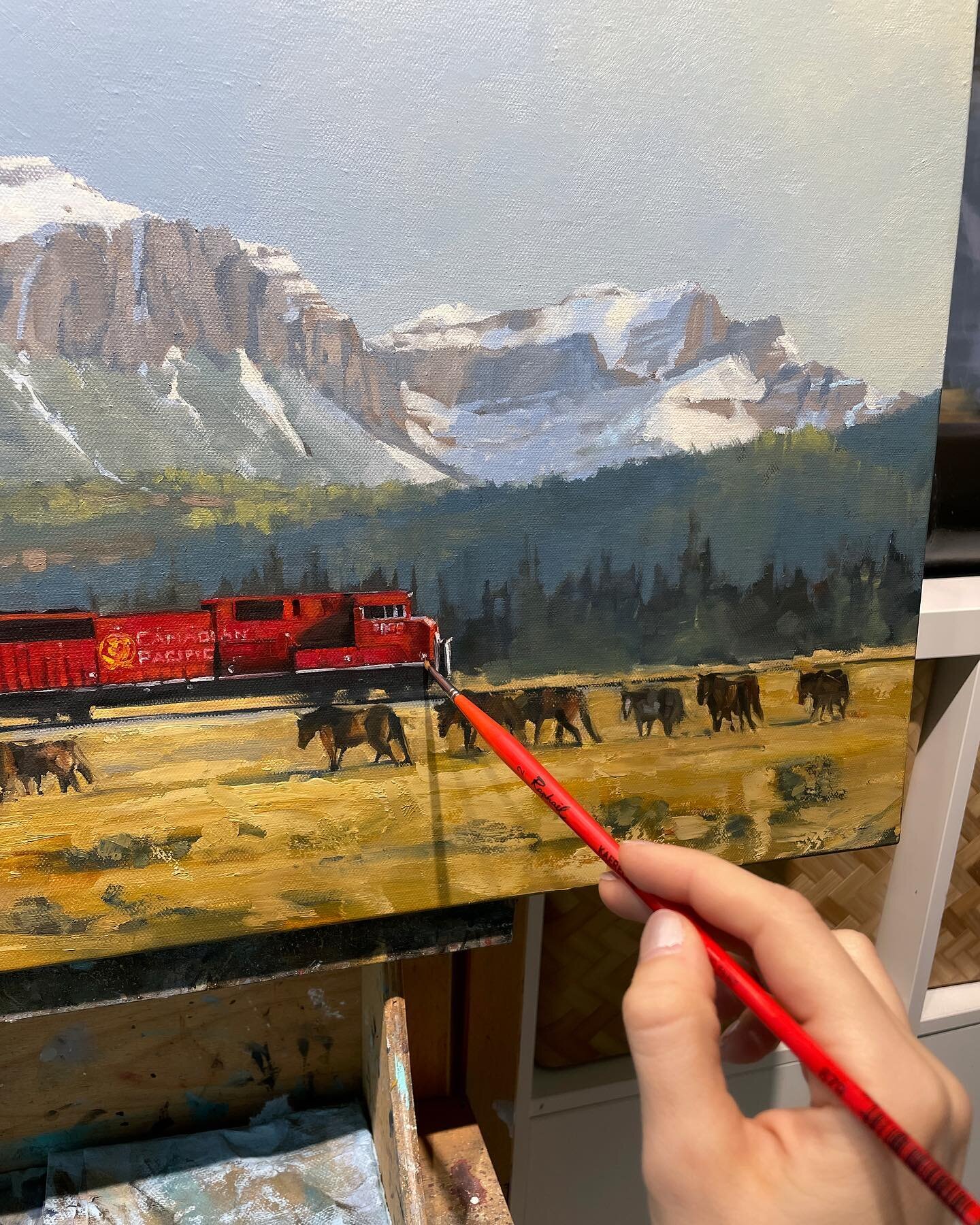 A new landscape piece in the works 🚂 
.
#landscapepainter #paintinginprogress #canadianartist #railwayart #canadianpacific #trainart