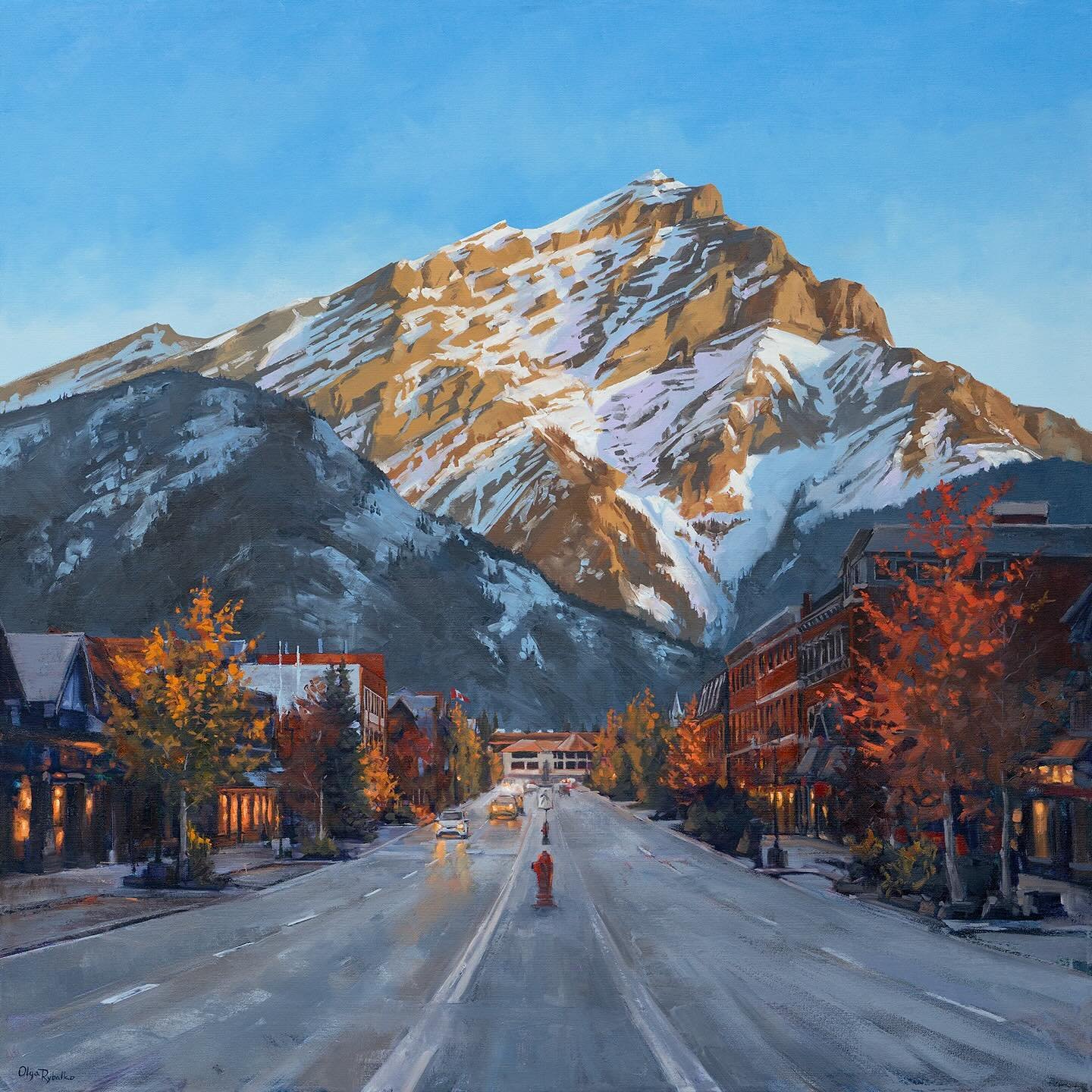 Here&rsquo;s a closer look at this painting of the main drag in Banff with Cascade Mountain as the backdrop. 
The town of Banff is undeniably picturesque, and I hope I did justice to this scene. 
&ldquo;Glow Over Banff&rdquo;, 40&rdquo;x40&rdquo;, oi