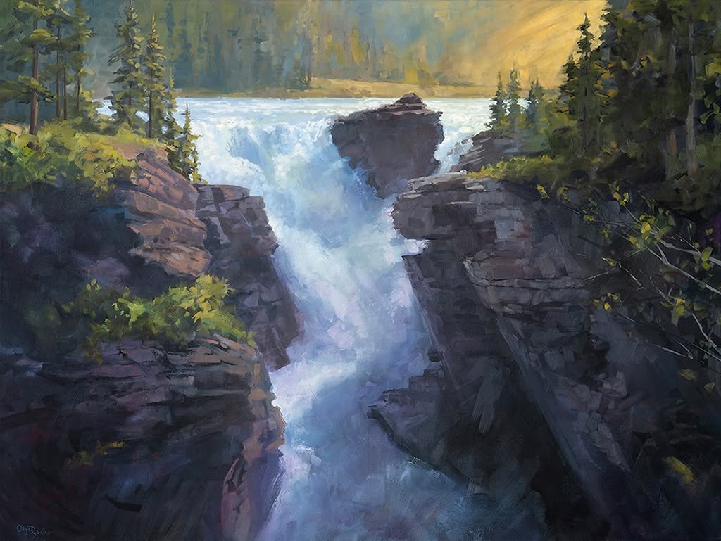 This piece is a pure celebration of Athabasca Falls near Jasper, Alberta. I&rsquo;ve visited this spot countless times, and every time I&rsquo;m blown away by the power of the water carving through limestone.

The process images show some of the base