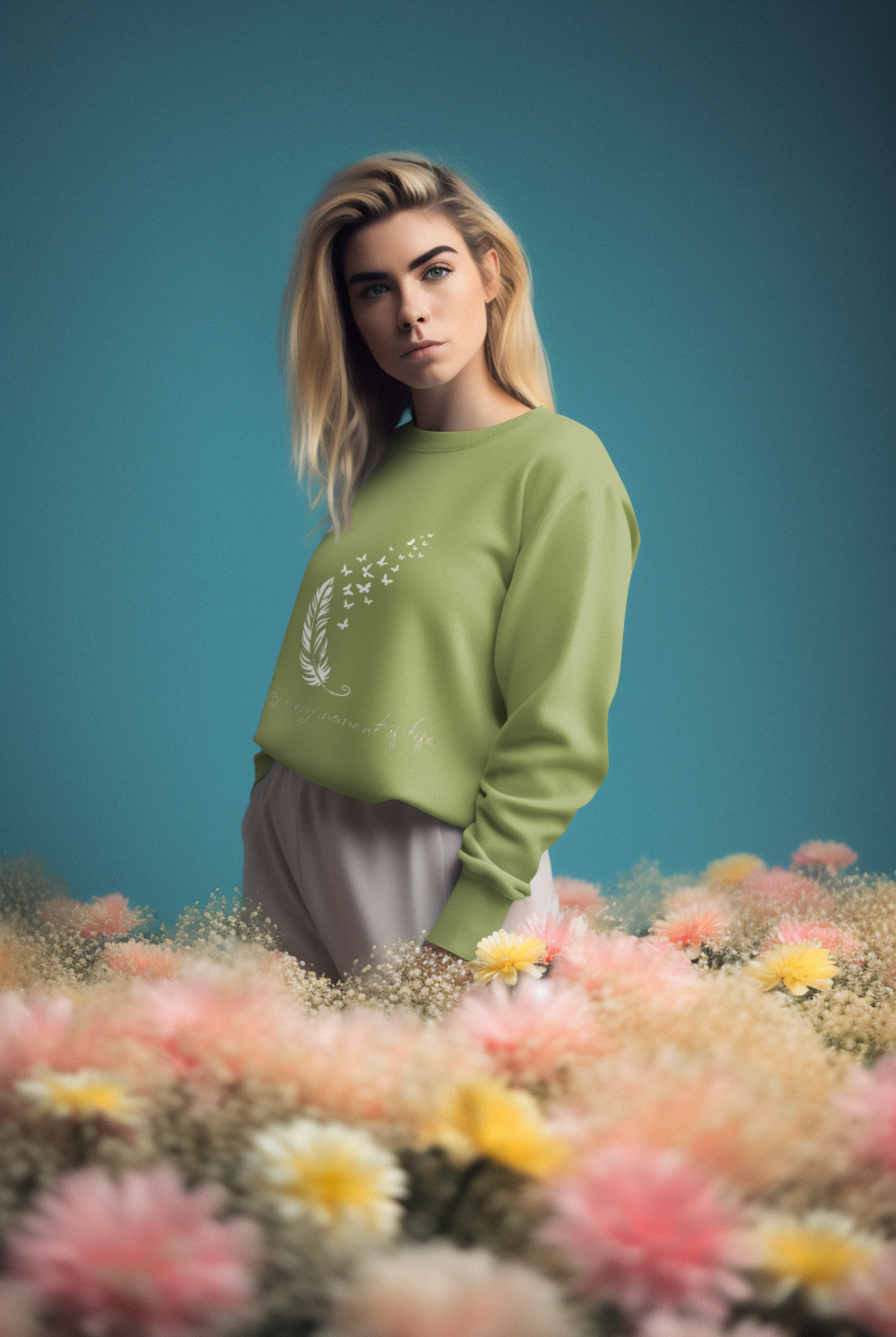 ai-created-mockup-of-a-woman-wearing-a-crewneck-sweatshirt-in-a-studio-with-flowers-m33781.png