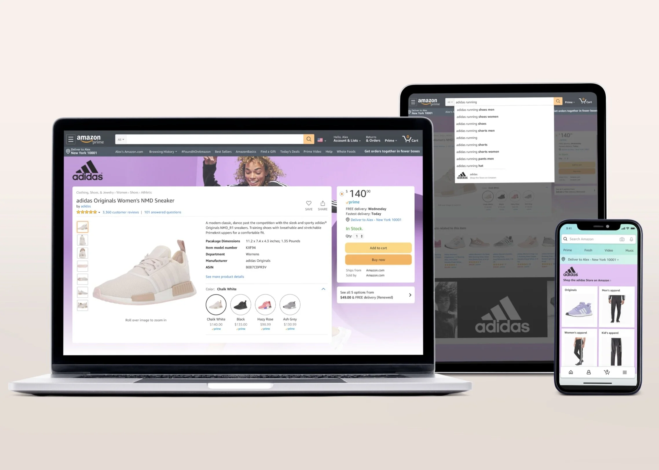 These traffic components are available on all devices–desktop, mobile, and app. Brand Skin pictured in desktop (laptop), Inline Search Autocomplete pictured on tablet (iPad), and Store Window on mobile (iPhone).