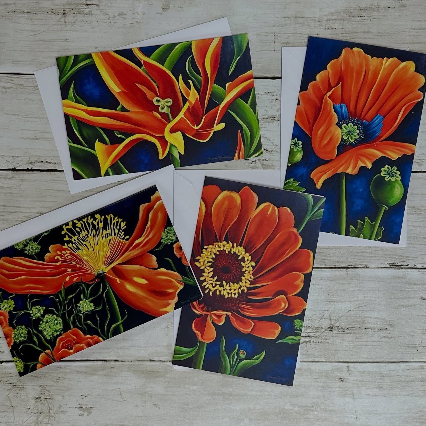 A brand new set of cards is now available on my website and in person at my Open Studio tomorrow, Saturday, December 6th. 

This is a set of four printed cards featuring images of original paintings from the &ldquo;Color Pop Floral&rdquo; collection 
