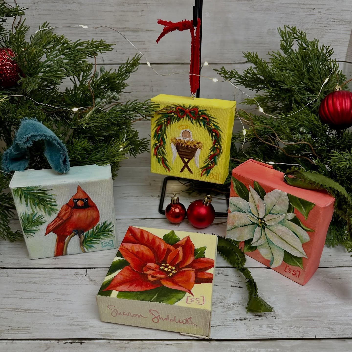 Last minute gifts that won&rsquo;t look like it! These little 4x4 original paintings can be hung on a tree or set on a shelf. I have them available for pickup at the studio and limited pre-Christmas delivery  options or shipping.  Find them in my onl