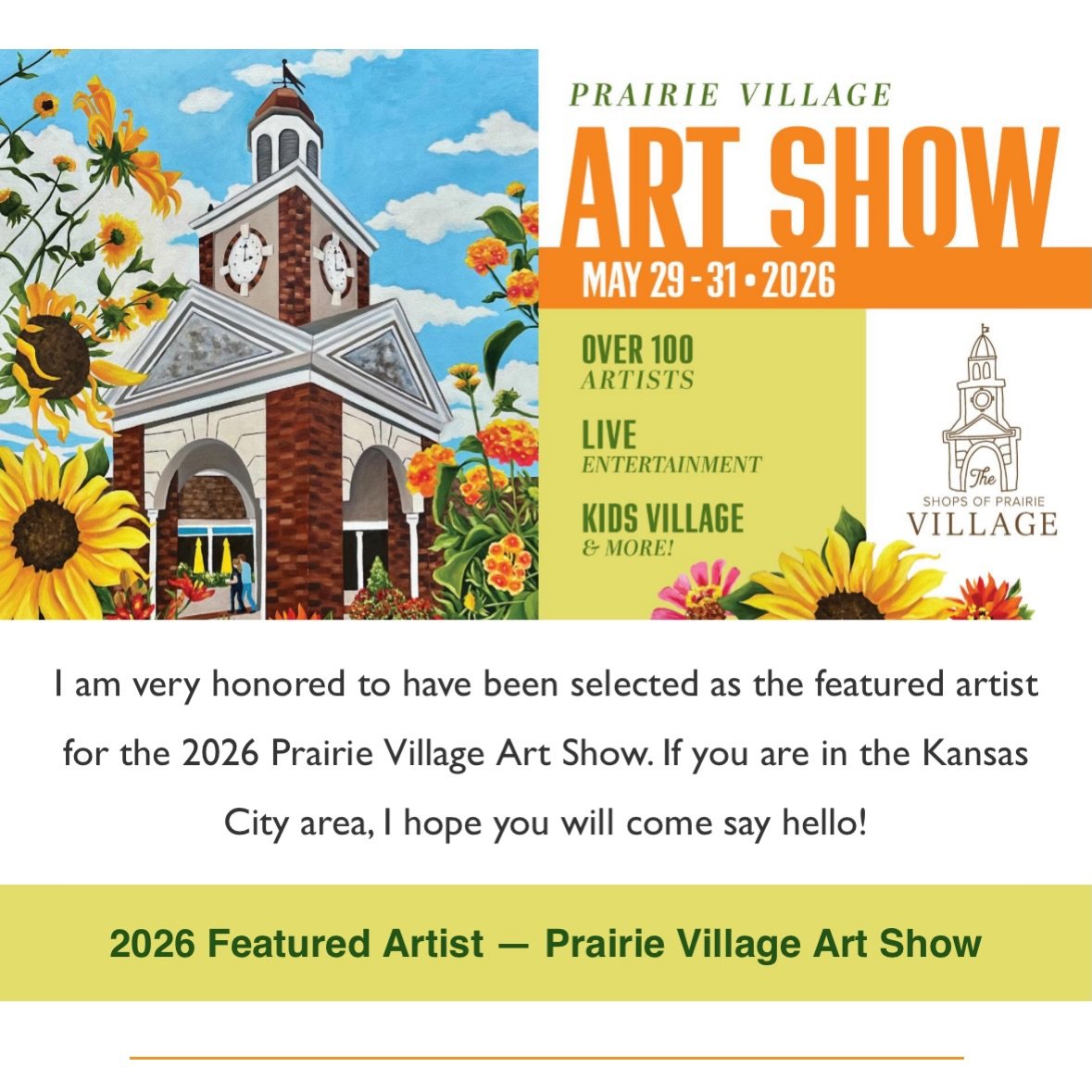 I&rsquo;m super excited to be returning to the Prairie Village Art Show again this year&hellip;and incredibly honored to be the featured artist for 2026. I am busy preparing lots of beautiful new work to bring. I&rsquo;ll see you in the Kansas City a