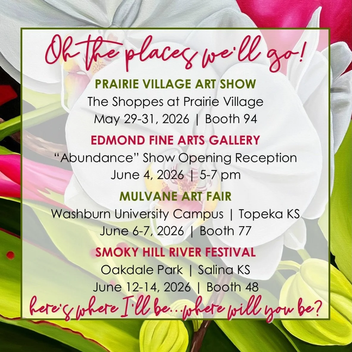 It&rsquo;s going to be a busy month on the road ahead! 🚘 If you are near any of these fine events I hope you will come and say hi! 📸 grab a screenshot and mark your calendar 📆 

🎨 PRAIRIE VILLAGE ART SHOW
The Shoppes at Prairie Village
May 29-31,