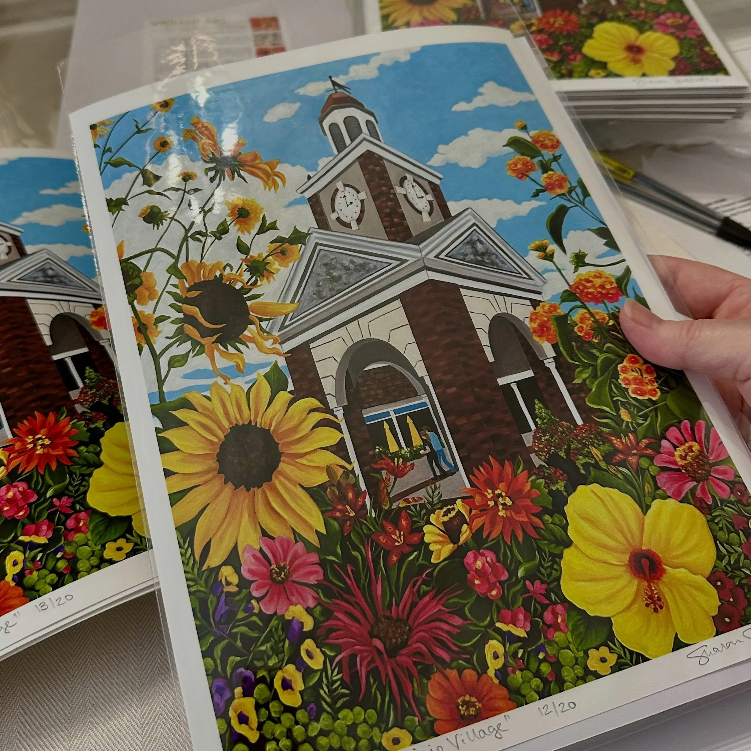Behind the Scenes: Show prep for @prairievillageartshow included signing and packaging limited edition prints of my featured painting, &ldquo;Va-Va-Bloom! Prairie Village&rdquo;. Now I am headed to set up my booth&hellip;the show opens this evening a