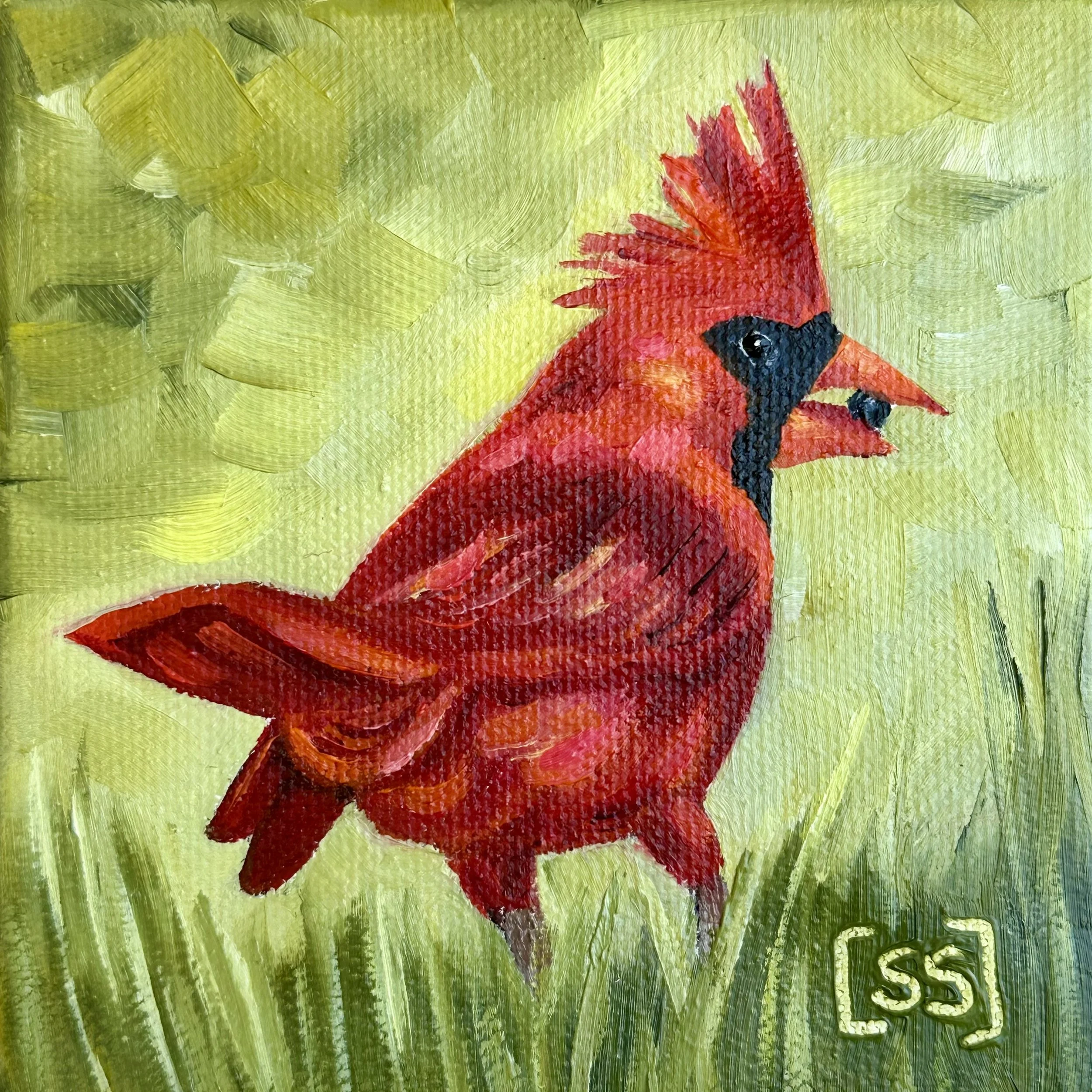 "Rudyard" Cardinal - Original Oil Painting | 4"x4" Canvas (Framed)