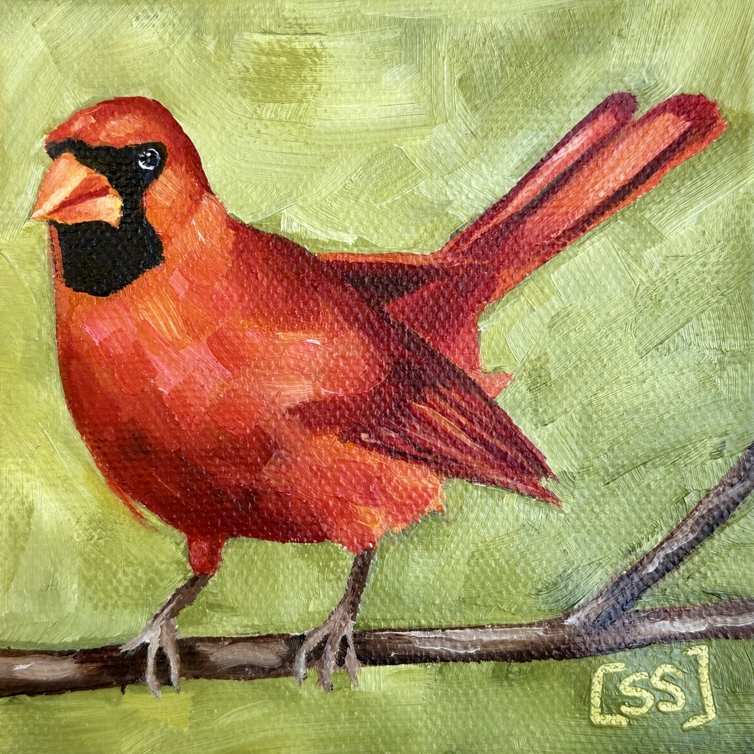 "Rusty" Cardinal - Original Oil Painting | 4"x4" Canvas (Framed)
