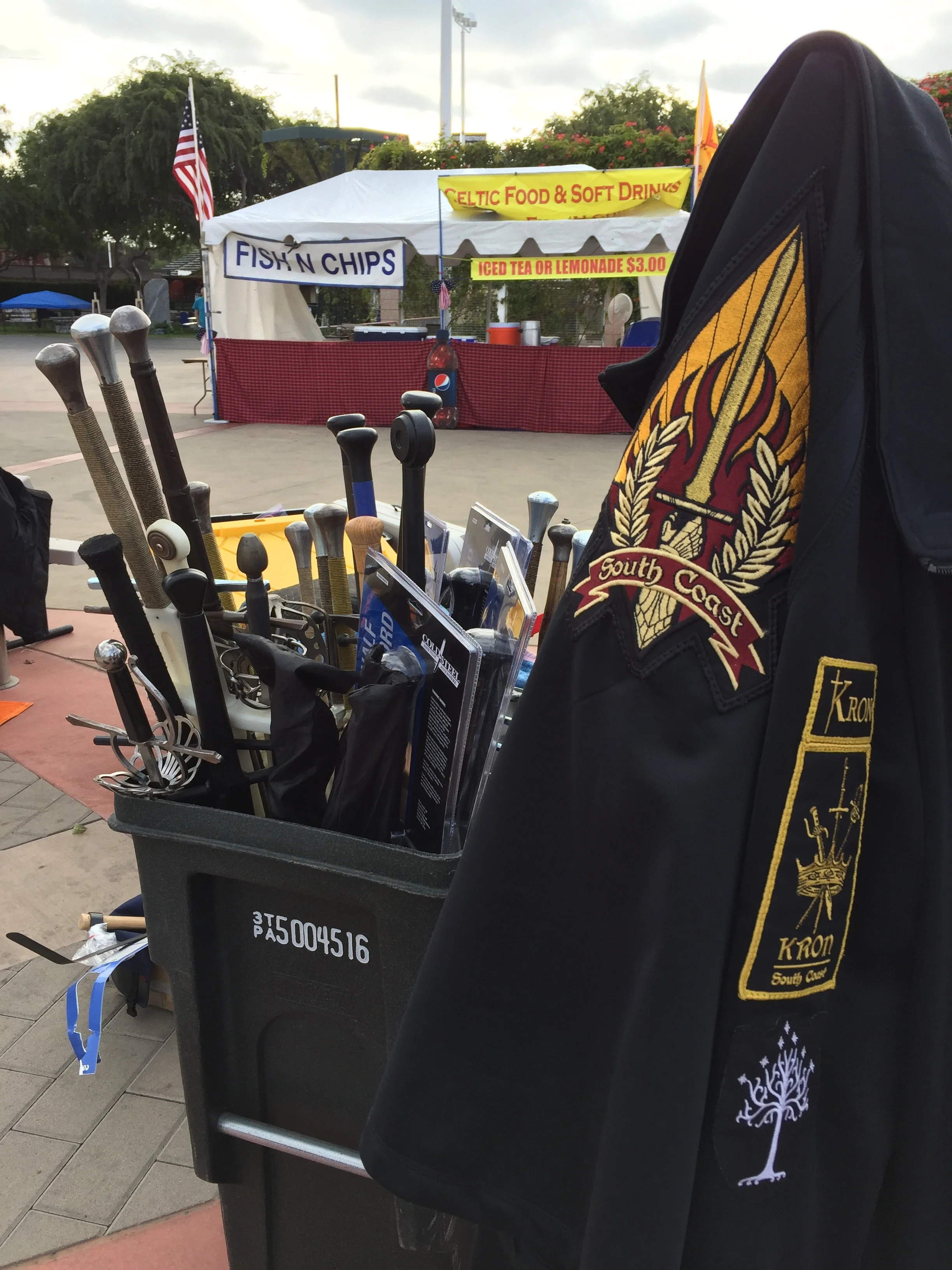 Who else travels with wheeled trash cans full of swords?