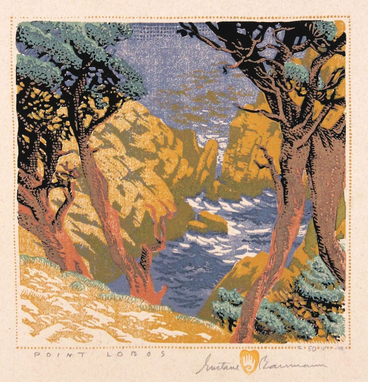 &ldquo;Point Lobos,&rdquo; 1936
color woodcut by Gustave Baumann 

Baumann famously wanted to offer the public good pictures at low cost, and sold prints for $5 and $10.

&ldquo;What you put your hand to, you put your heart behind.&rdquo;

&bull;
&bu