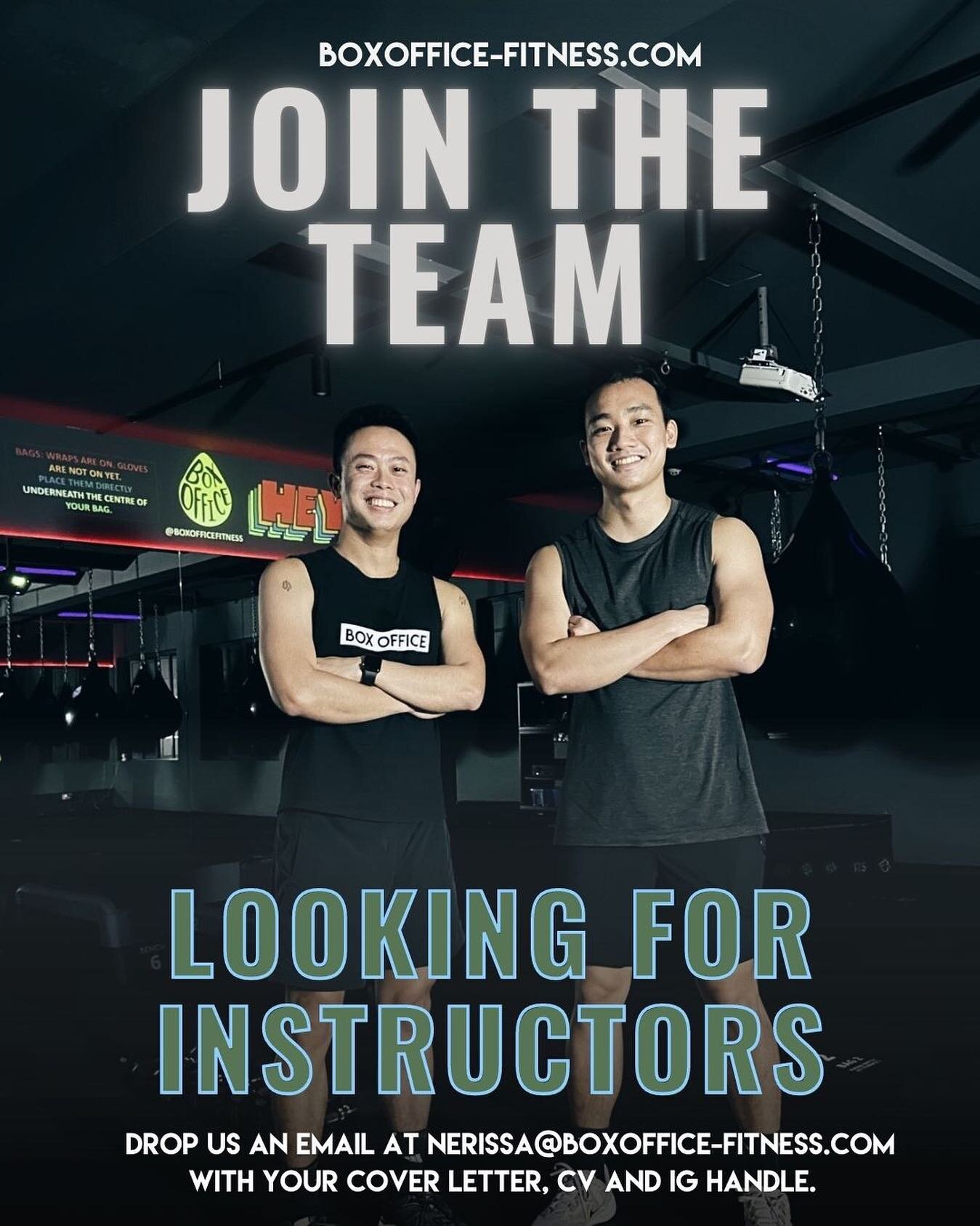 We are looking for new blood to be part of our growing team.⁣ 🤩🤩
⁣
If you are passionate about inspiring through fitness and confident about your ability to lead and command a room, drop us an email! ⁣
⁣
Email us at nerissa@boxoffice-fitness.com wi