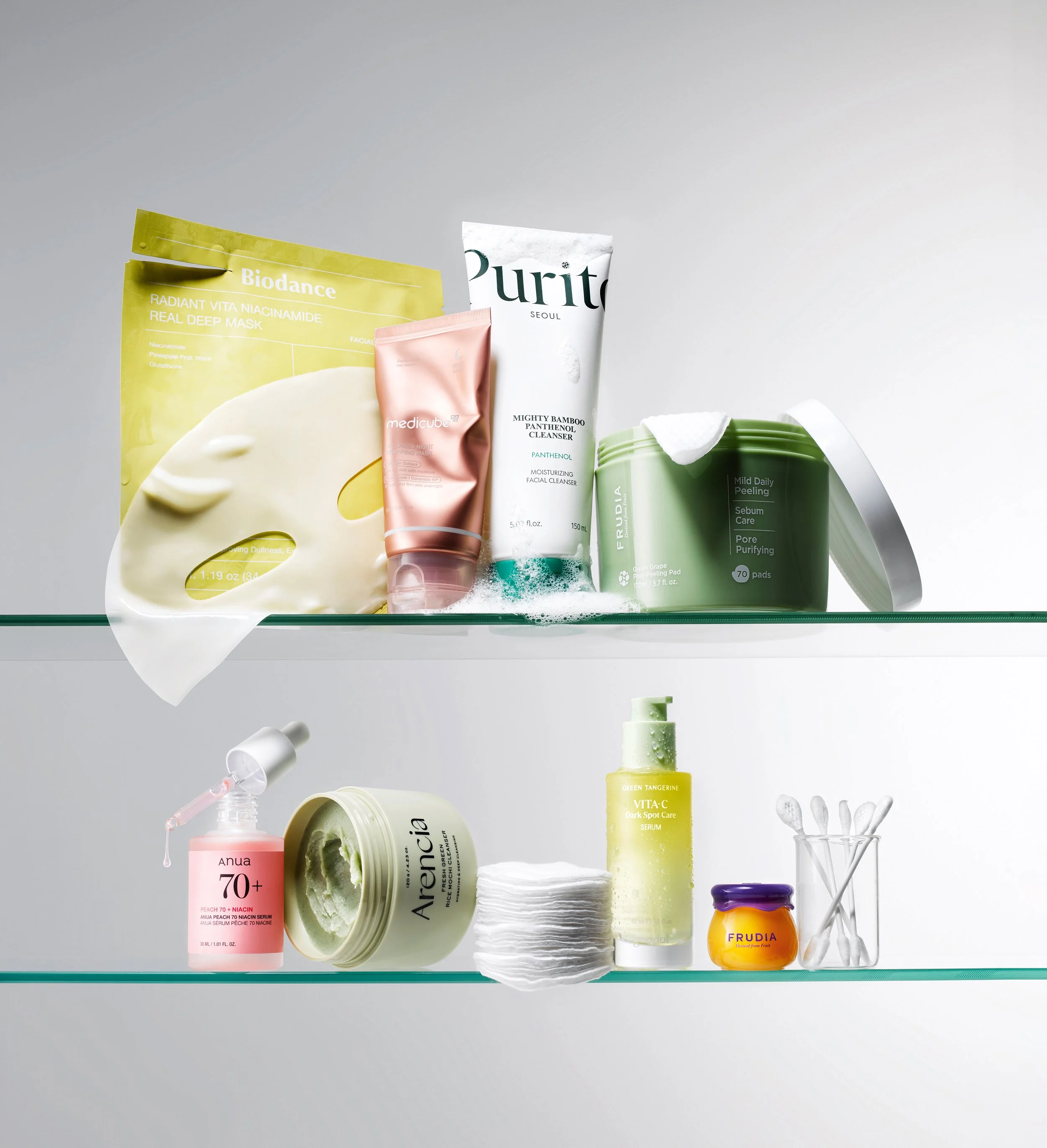  Korean and international skincare shelf editorial concept 