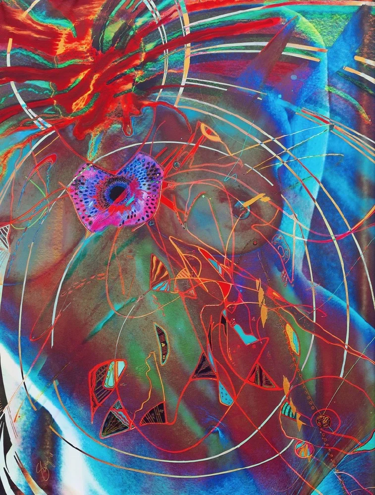 I’ve always had a deeply sensitive and sensual connection to rhythm. In nurturing my feminine spirit towards a purposeful passion with rhythmical beats to inspire hearts, I found a soul mate. Angelique Kidjo’s playful musical sense of style and humour bounds with the fearlessness I feel through music and dance. Latex, acrylic and embroidered gold, silver and copper on canvas. 120cm x 170cm