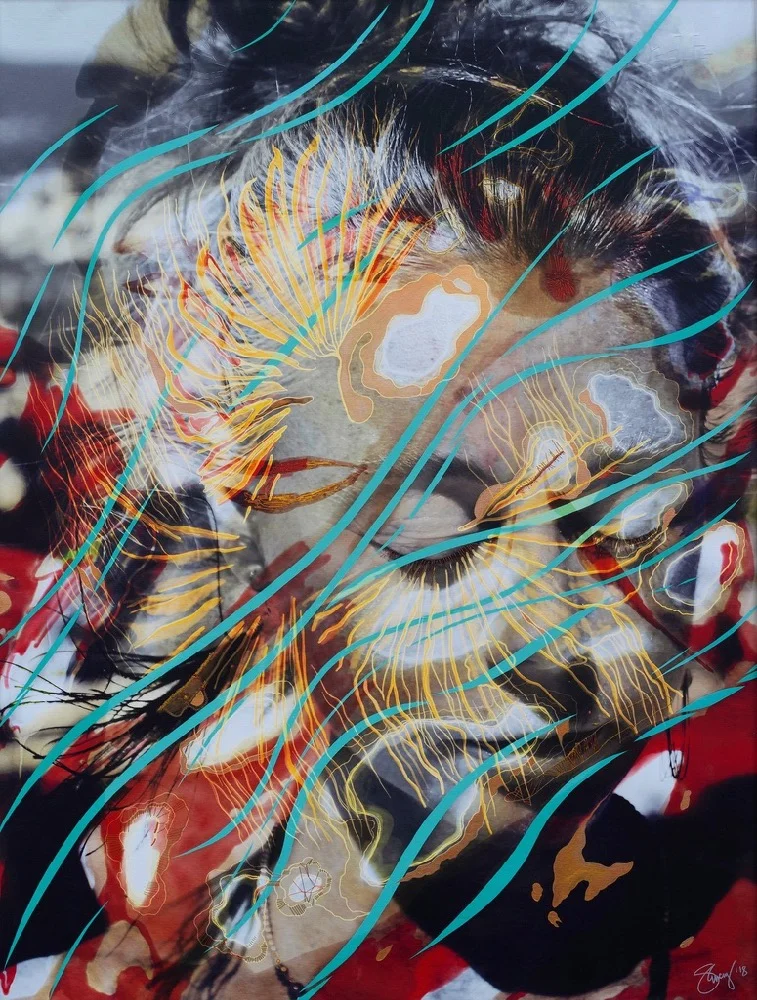 I have been fortunate to have known Alanis Obomsawin since childhood. This talented and important Canadian/American Abenaki artist and leader wields a mysterious femininity. Through her I find the hope to bring light into dark places and times of trouble. Her fiery and wild spirit nurtures my fearless feminine power. Latex, acrylic and embroidered gold, silver and copper on canvas. 120cm x 170cm