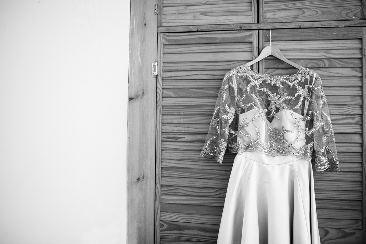 black and white photo of wedding dress Sophie Lake Photography