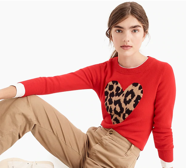 J Crew Everyday Cashmere Crewneck Sweater with Leopard Heart