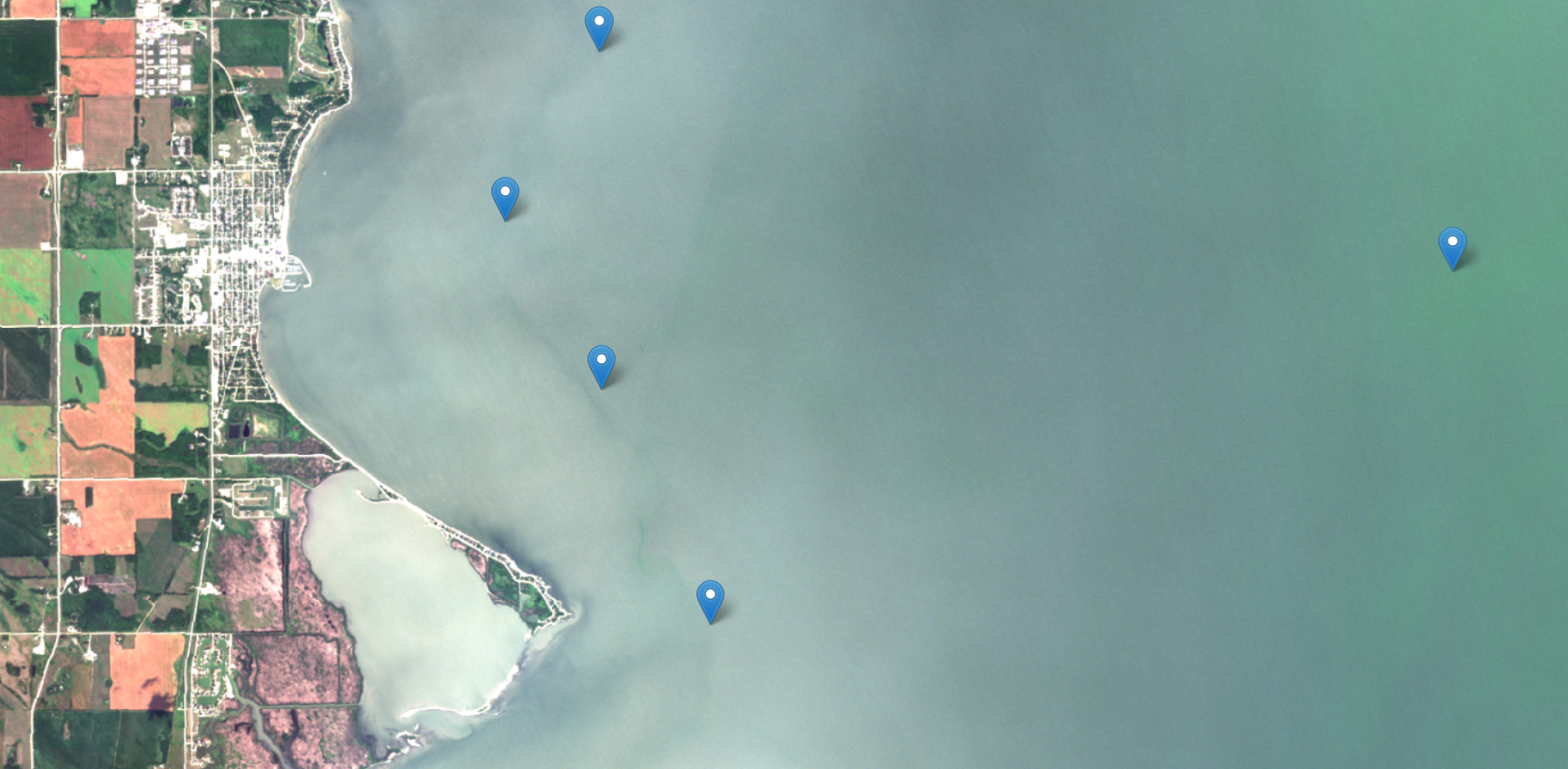 August 9, 2018. Blooms loom distant in the offshore zone (see marker, right) while optically darker, more clear water, upwells along the west coast, and most notably at shore. The turbulent, or mixed, appearance of the water inside the band of location markers with dark pixels is the tell-tale sign of upwelling of relatively clear bottom water. A week ago, the upwelling occurred on the east side beaches. Thermal data from other satellites not shown here confirmed these temperature oscillations.