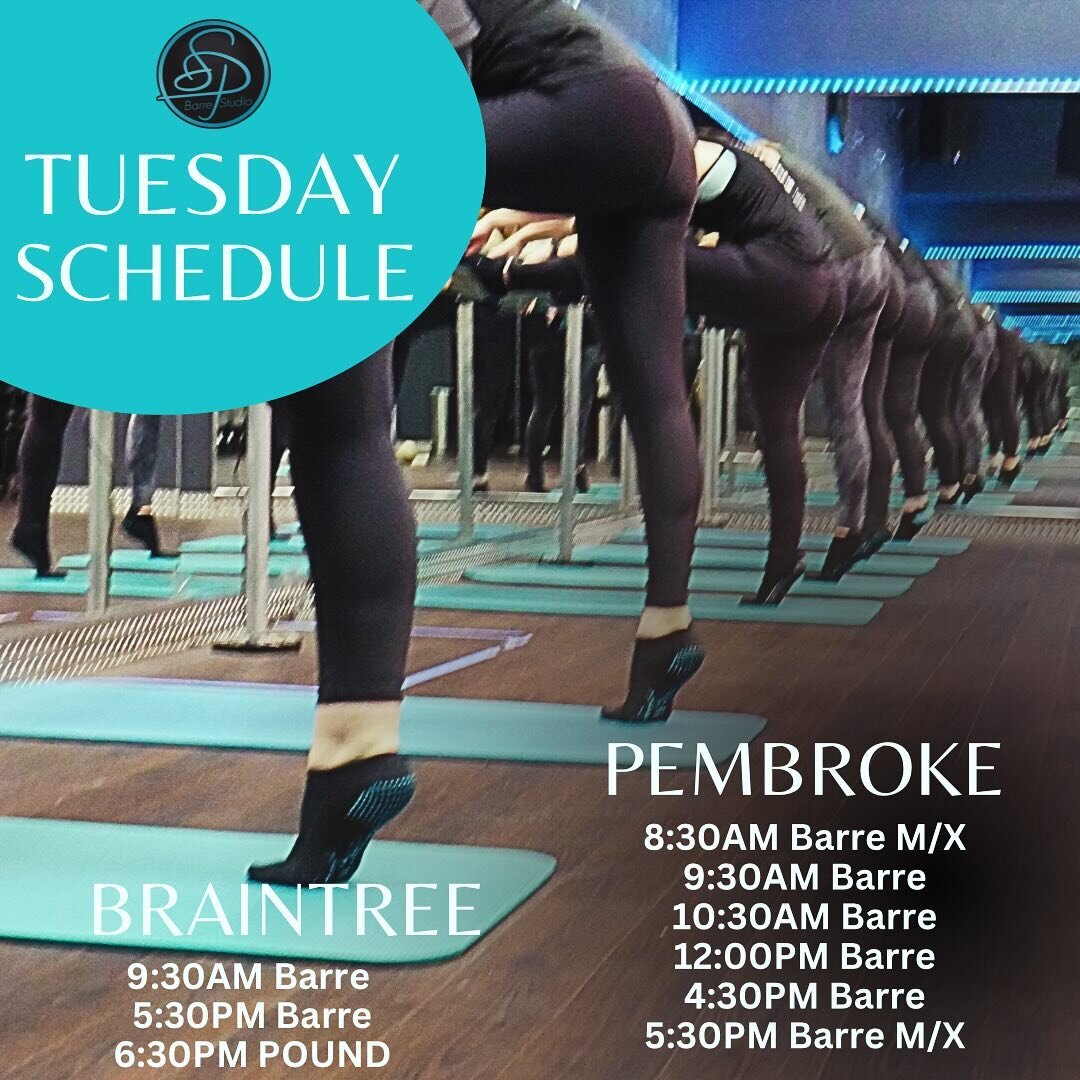 Tuesday Class Schedule!
New Barre M/X class time 5:30PM Pembroke!
See you at the barre!

#barre #barrefitness #pound #poundrockoutworkout #secretphysique #pembroke #braintree