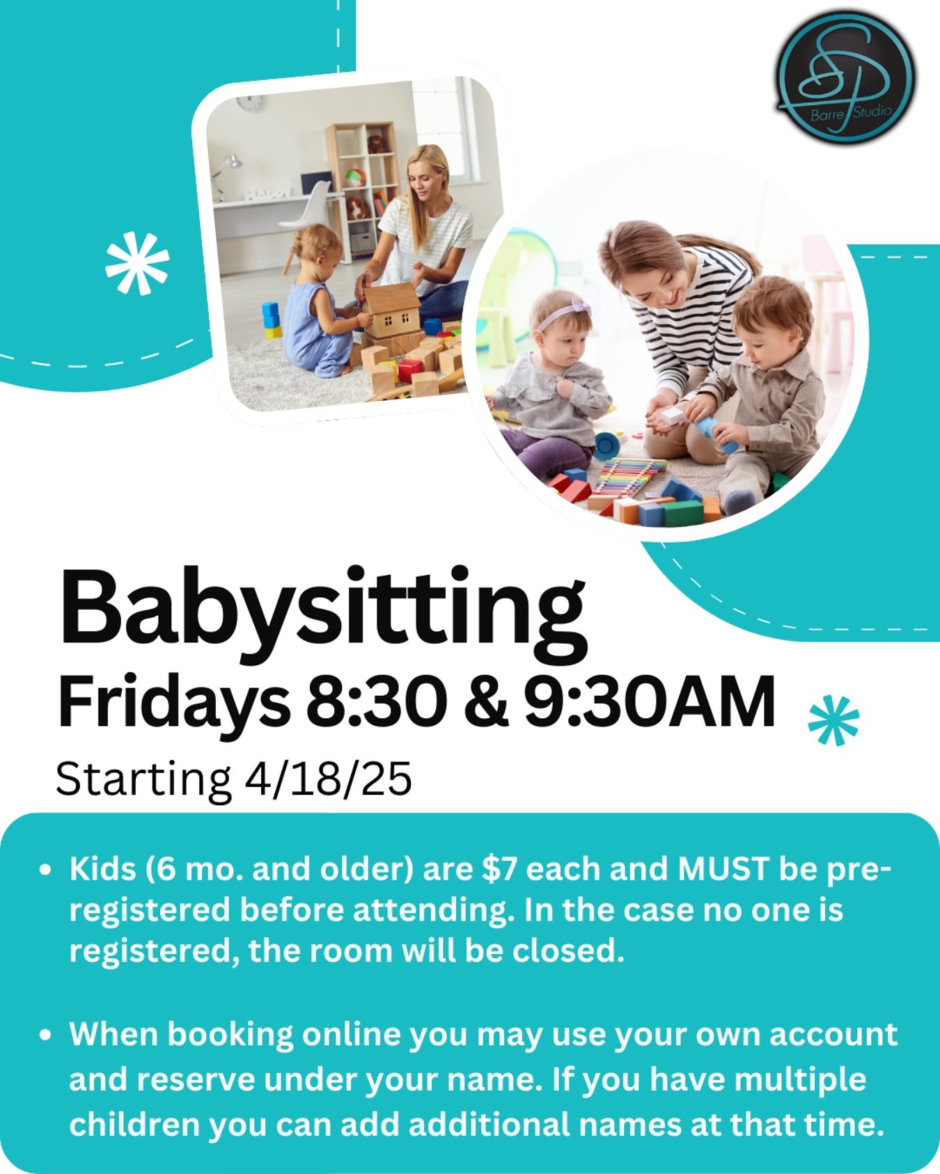 Babysitting available starting next Friday (4/18)
🔹8:30 &amp; 9:30AM Friday mornings
🔹$7/kid
🔹Registration required