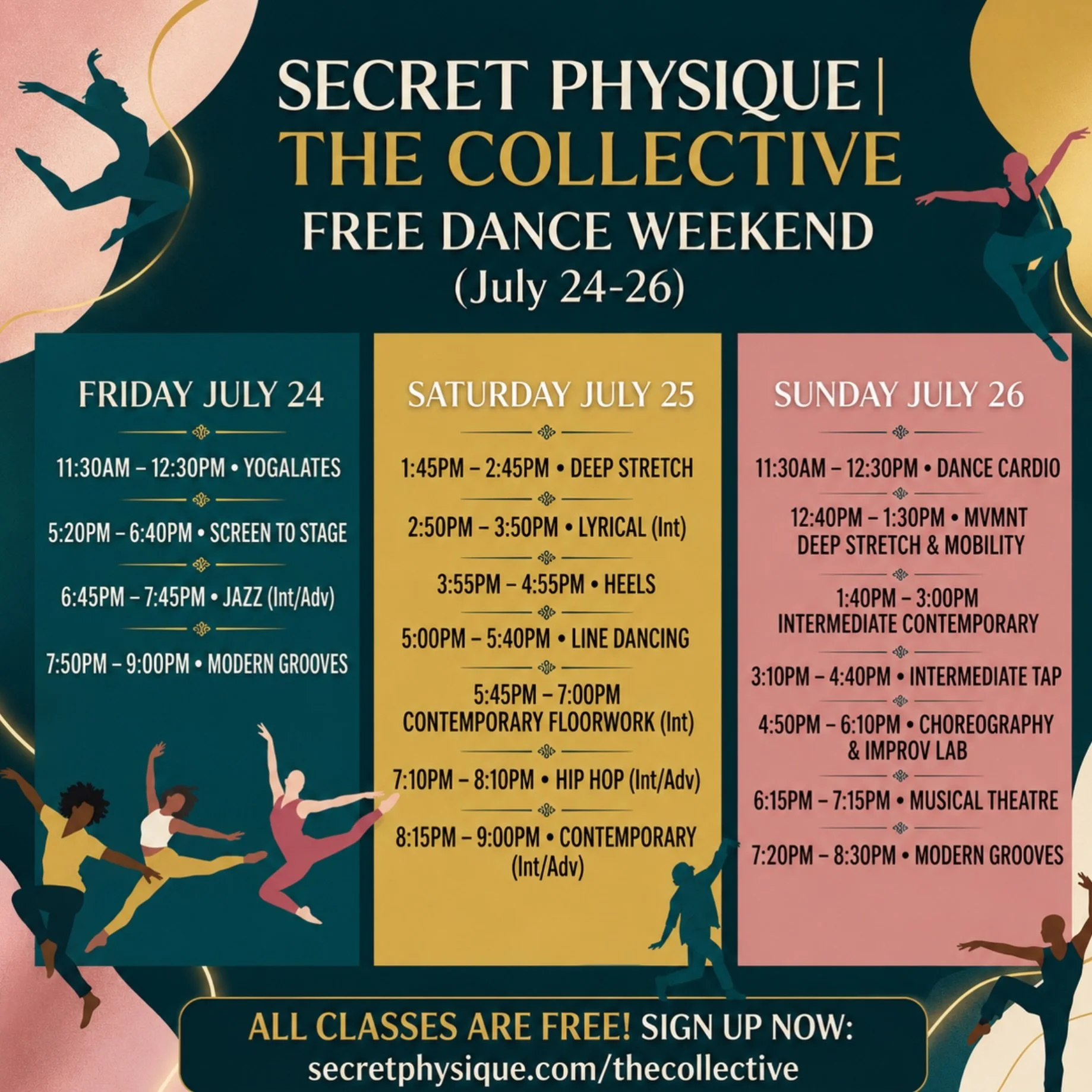 A whole weekend of FREE Classes?! 📢 The Collective Lineup is Here!

Get your calendars ready&hellip;

From Friday, July 24th through Sunday, July 26th, we are opening our doors for a massive, multi-day dance and fitness event. Whether you want to sw