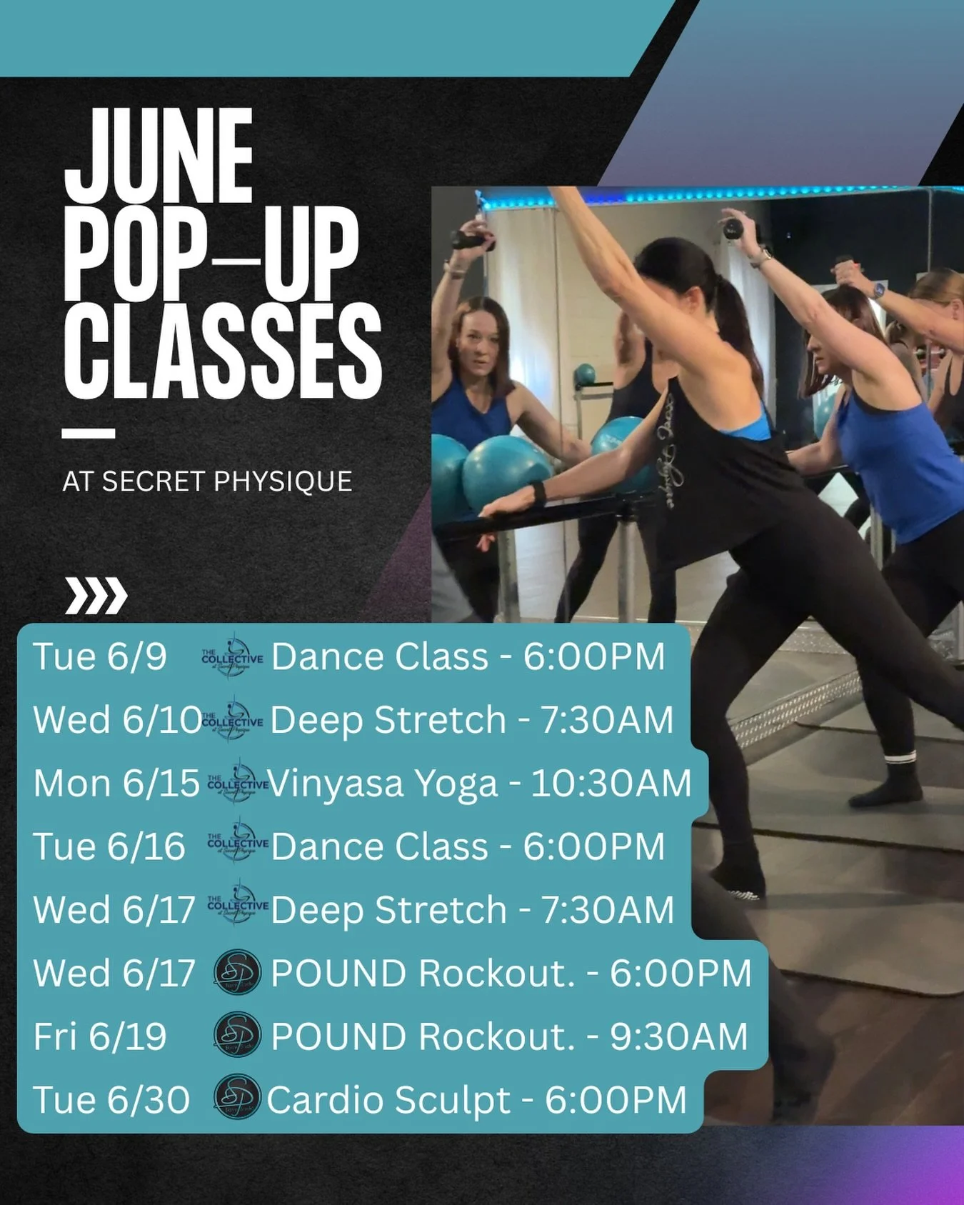 Try something new this June✨
All kinds of Pop-Ups!
Join us for Vinyasa Yoga, Cardio Sculpt, MVMNT Deep Stretch, Video Dance style class, &amp; POUND!!

#secretphysique #popups #summerclasses #fitness #dance