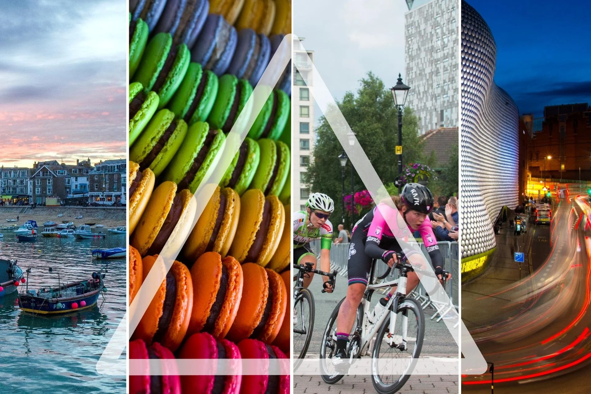 Collage of four images: a harbor with boats at sunrise, colorful macarons, cyclists participating in a race, and a city street at night with blurred lights.