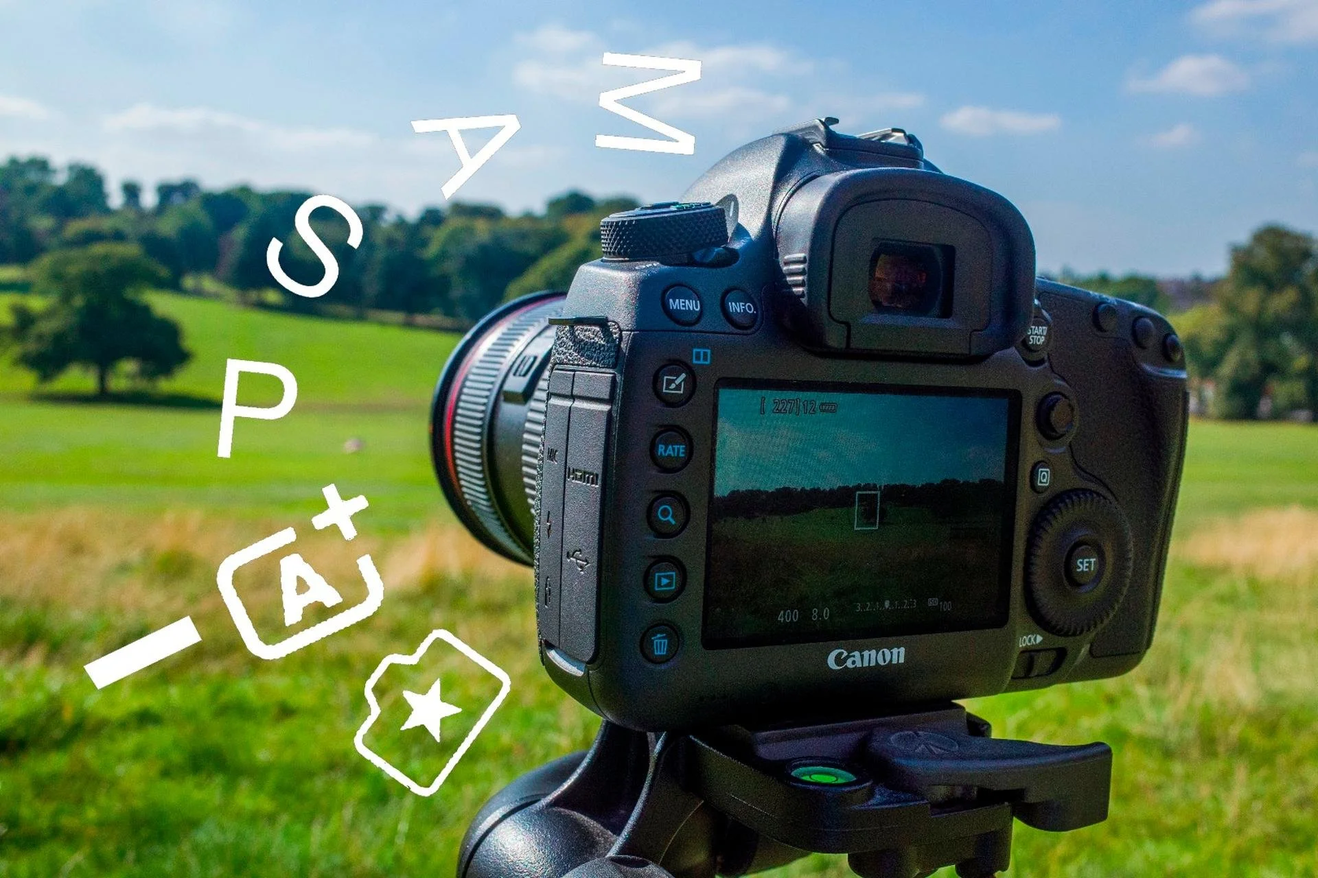 A Canon camera on a tripod in a green outdoor field, with a background of trees under a blue sky with some clouds.