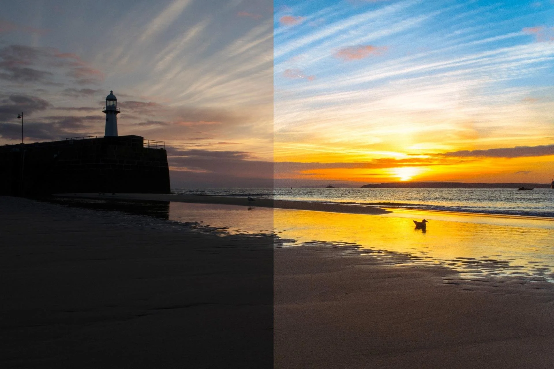 Comparison of a lighthouse at sunset with dark shadows on the left and bright, colorful sky on the right, showing the same scene in different lighting conditions.