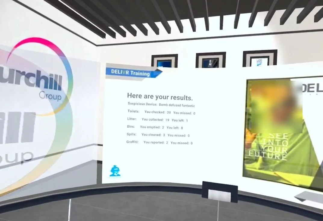 DELIVR results screen in VR showing a trainee's scores for suspicious device, toilets, litter, bins, spills and graffiti