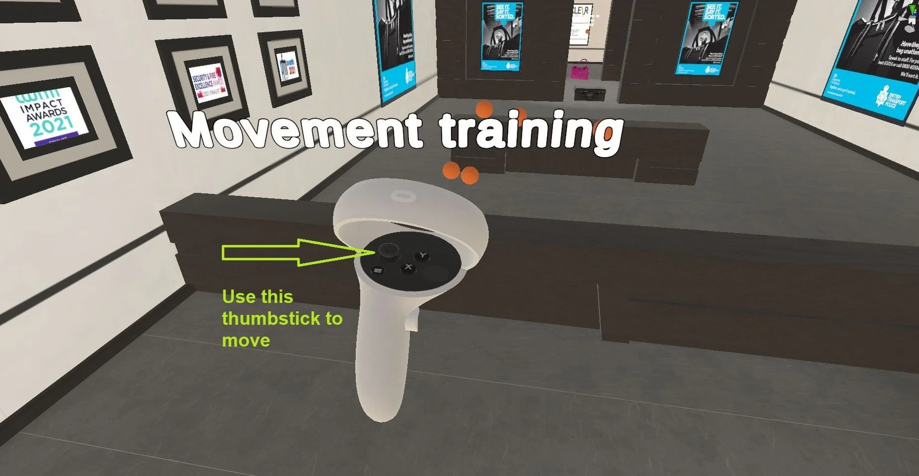 Movement tutorial in VR showing a Quest controller and how to move