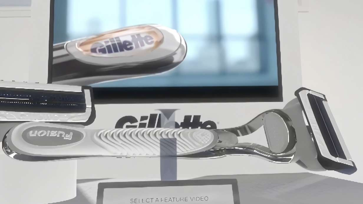 Giant razor on a plinth in a 6DoF virtual room built for Procter & Gamble