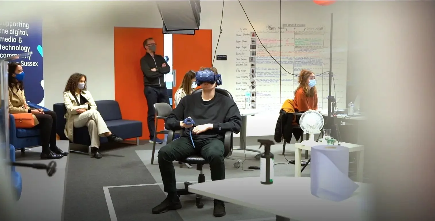 Wayfinding test session with a participant wearing a VR headset