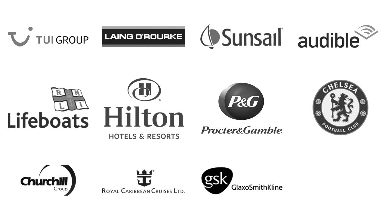 Client logos: TUI, Laing O'Rourke, Sunsail, Audible, RNLI, Hilton, P&G, Chelsea FC, Churchill, Royal Caribbean and GSK