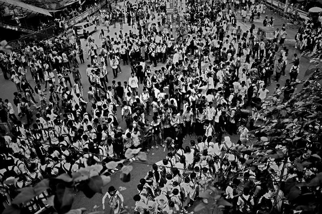 Students from different high schools in Dhaka join the protests in Mirpur 10 circle. Photo: Saptarshi Nath