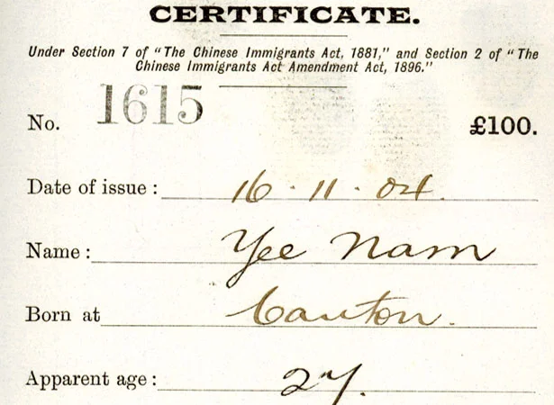 A Poll Tax Certificate. On July 5th 1881, the New Zealand parliament passed the Chinese Immigrants Act. Among other stipulations, the Act imposed a £10 “poll tax” (equivalent to NZ$1700 today) on Chinese immigrants and restricted the number that could enter the country. Image: Archives New Zealand