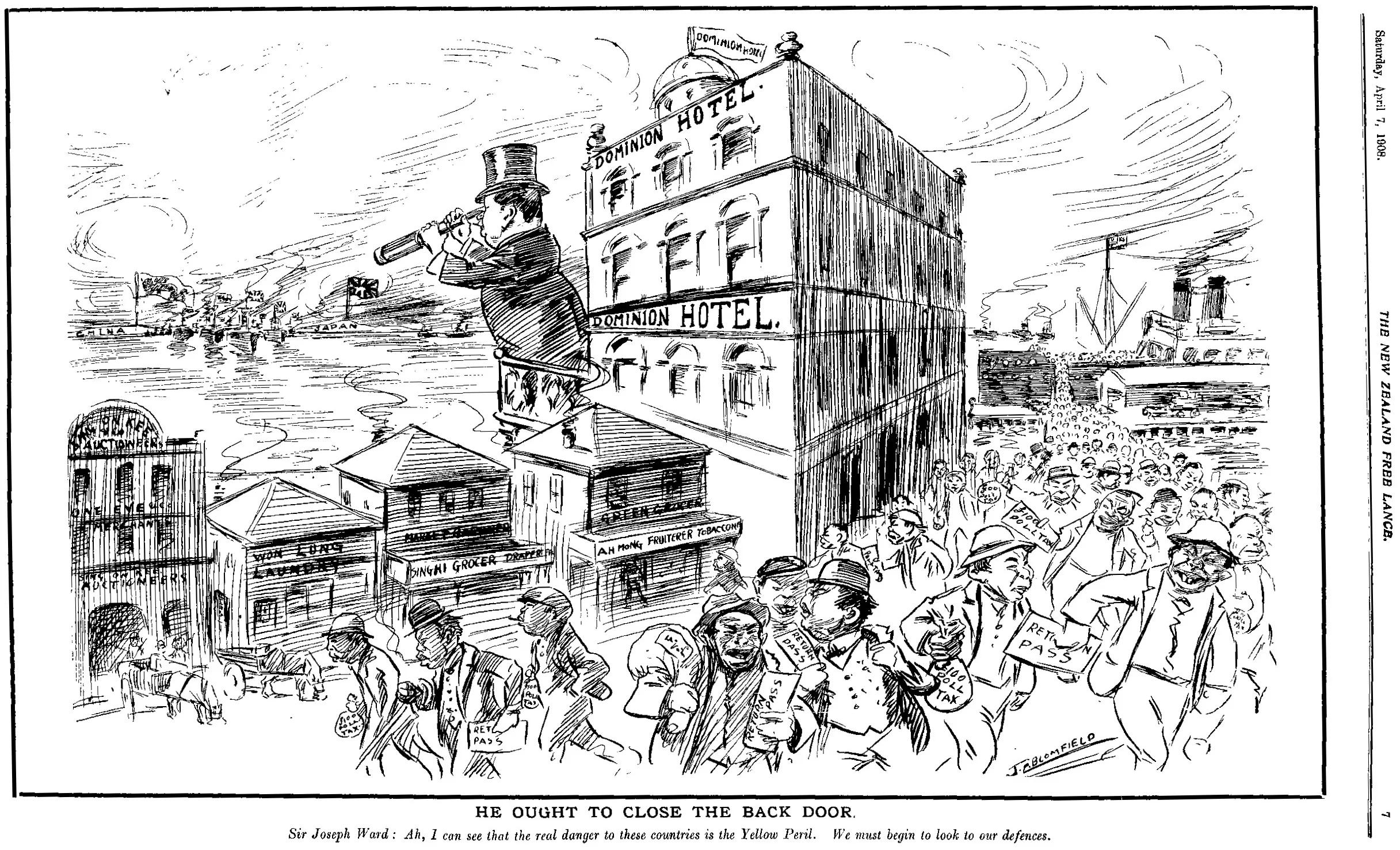 1907: A cartoon in a local New Zealand newspaper about the “Yellow Peril” threat to the country. Image: Archives New Zealand