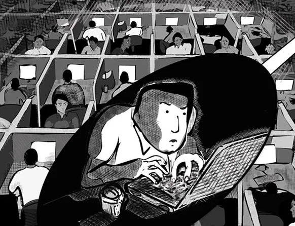 Illustration from a graphic novel narrating the story of tech labor trafficking from India to the US. The story is based on reports from the Center for Investigative Reporting. Source: Techsploitation by Matt Smith