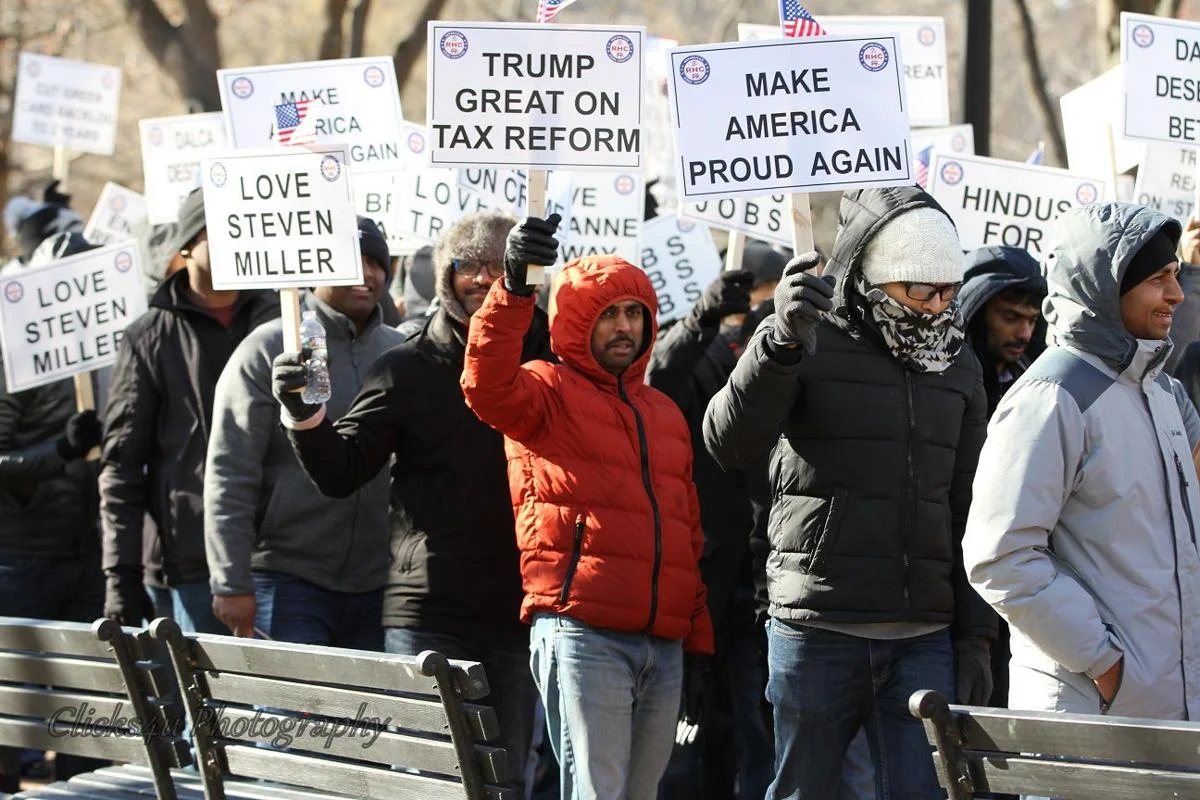 The Republican Hindu Coalition holds a rally outside the White House, calling for visa relaxation and juxtaposing themselves, the “good immigrants”, against those “bad immigrants”: the job-snatching, the undocumented, and the unskilled. Image: The Hindu