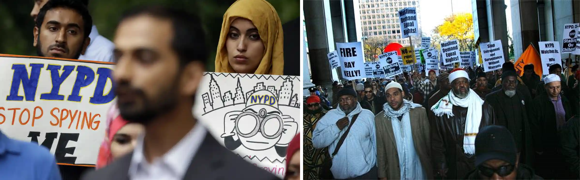Community members protest the NYPD's illegal surveillance of Muslims after 2001, which failed to produce a single intelligence lead by the police's own admission and ultimately led to settlements to prevent future abuses. Image left: Seth Wenig, AP ; image right: Bebeto Mathews, AP .
