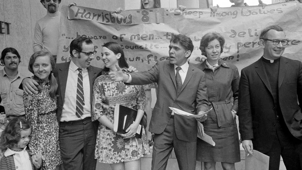 Eqbal Ahmad, third from right, leaves the Federal Building, Washington, DC, in May 1971, as part of the Harrisburg Seven, a group of anti-war activists unsuccessfully prosecuted for allegedly plotting to kidnap Henry Kissinger for his role in the Vietnam War. Bettmann / Corbis. Source: The National