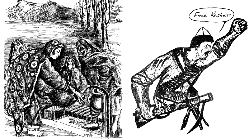 Left: From the Forum’s May-June 1973 special issue on Balochistan, artwork by Eqbal Mehdi depicting Baloch women. Right: Cover image for the Forum’s November 1971 issue. This issue had various articles on Kashmir and its liberation struggle. Source: JSTOR