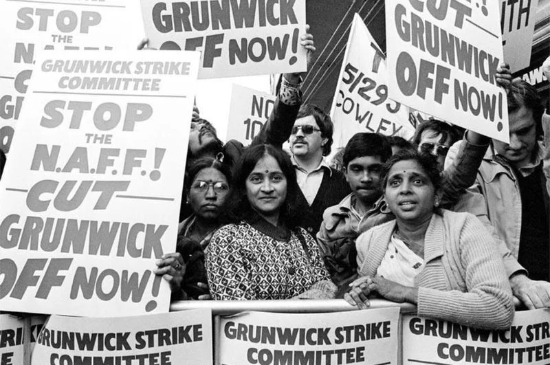 Led by Jayaben Desai (right), the Grunwick strike was a watershed moment in British industrial history, for it was the first time an immigrant worker struggle won widespread support from the labour movement. The strike started in 1976, lasted two years and was supported by the wider labour movement and Black Power organizations. Image: Stronger Unions