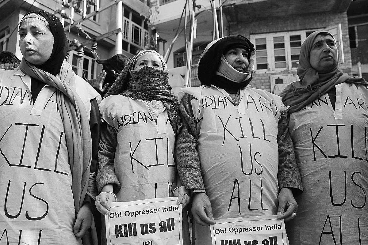 Kashmiri women protest Indian occupation in Srinagar wearing shirts saying “Indian Army, Kill Us All”, which allude to the excesses of the Indian military in the region. Image: South China Morning Post