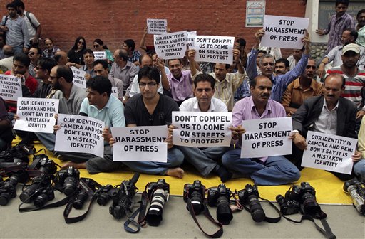 Aug 25, 2011: Kashmiri journalists protest in Srinagar against police attacks and harassment. Photo: AP Photo/Mukhtar Khan